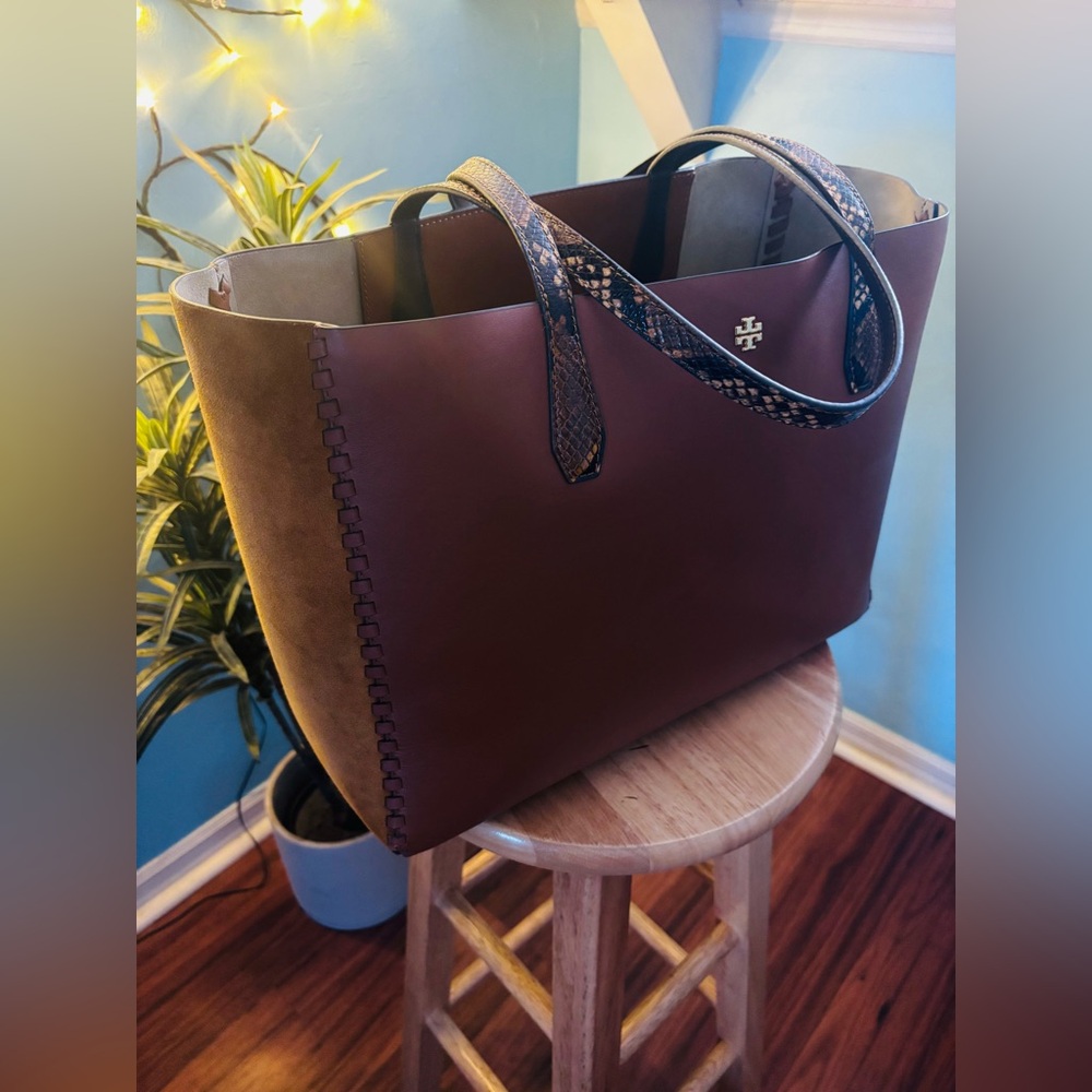 Tory Burch Leather Suede Exotic Curio Tote Bag - Picture 13 of 15